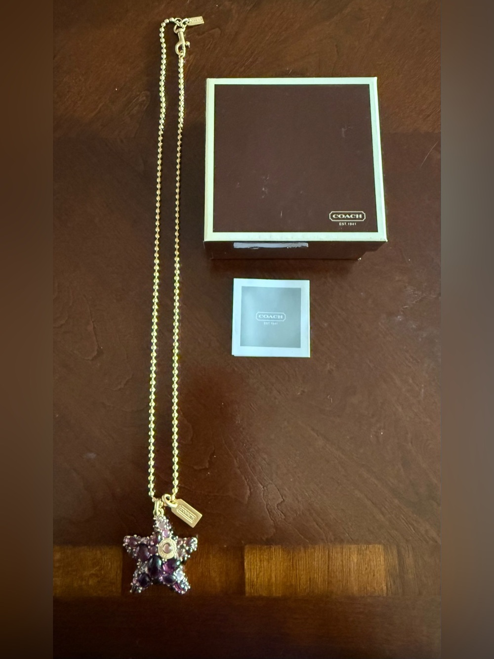 Coach Gold-Tone Necklace with Purple Star and Tag Charm